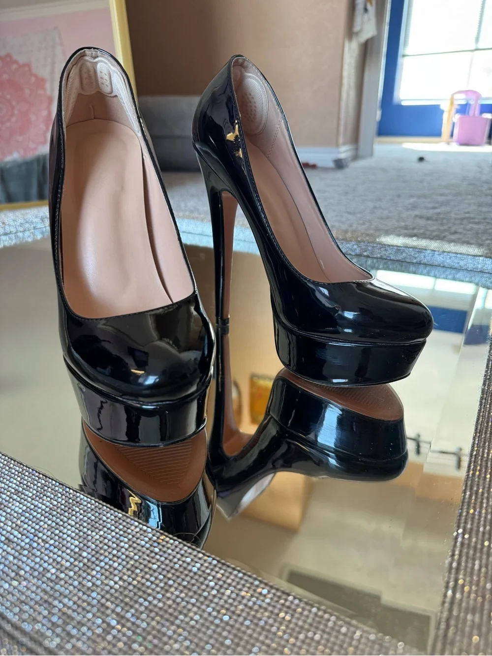 Black Patent Platform Stiletto Pumps - Women's High Heels